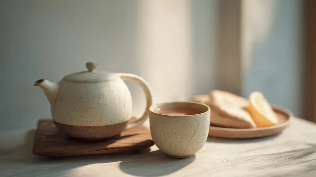 Xícara de chá e bule em cerâmica sobre bandeja de madeira, ilustrando uma pausa para alimentação consciente.