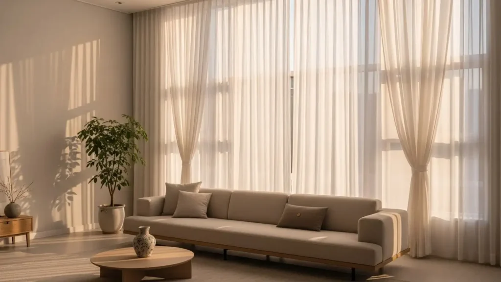 Sala de estar com design coreano minimalista, muita iluminação natural e sensação de paz.