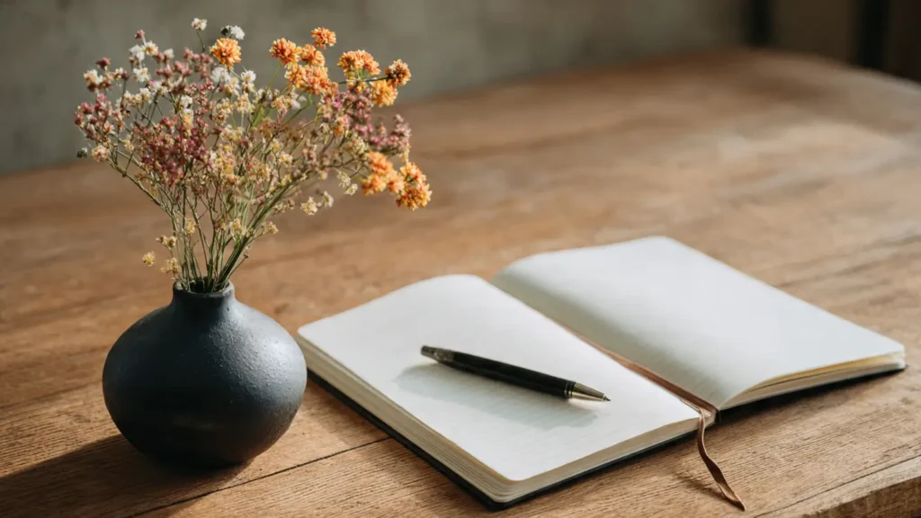 Planner aberto e caneta sobre mesa branca, representando a organização da rotina e gestão do tempo.