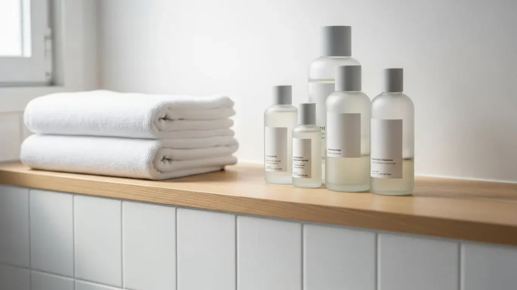 Produtos de skin care coreana organizados em prateleira minimalista.